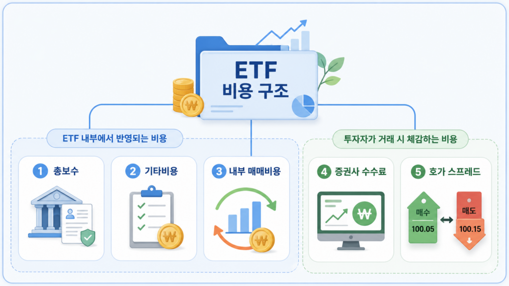 ETF 비용을 총보수, 기타비용, 내부 매매비용, 증권사 수수료와 호가 스프레드로 구분한 구조