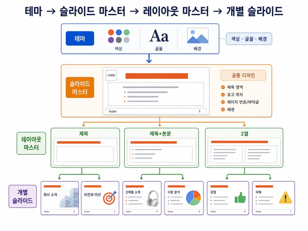 PowerPoint 테마, 슬라이드 마스터, 레이아웃 마스터와 개별 슬라이드의 디자인 적용 계층