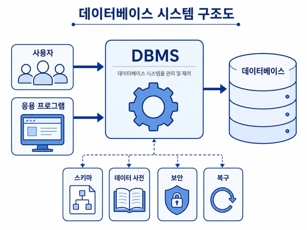 사용자와 응용 프로그램이 DBMS를 통해 데이터베이스에 접근하고 스키마·데이터 사전·보안·복구를 관리하는 구조