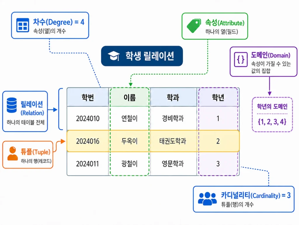 학생 릴레이션에서 튜플·속성·도메인·차수·카디널리티를 표시한 구조