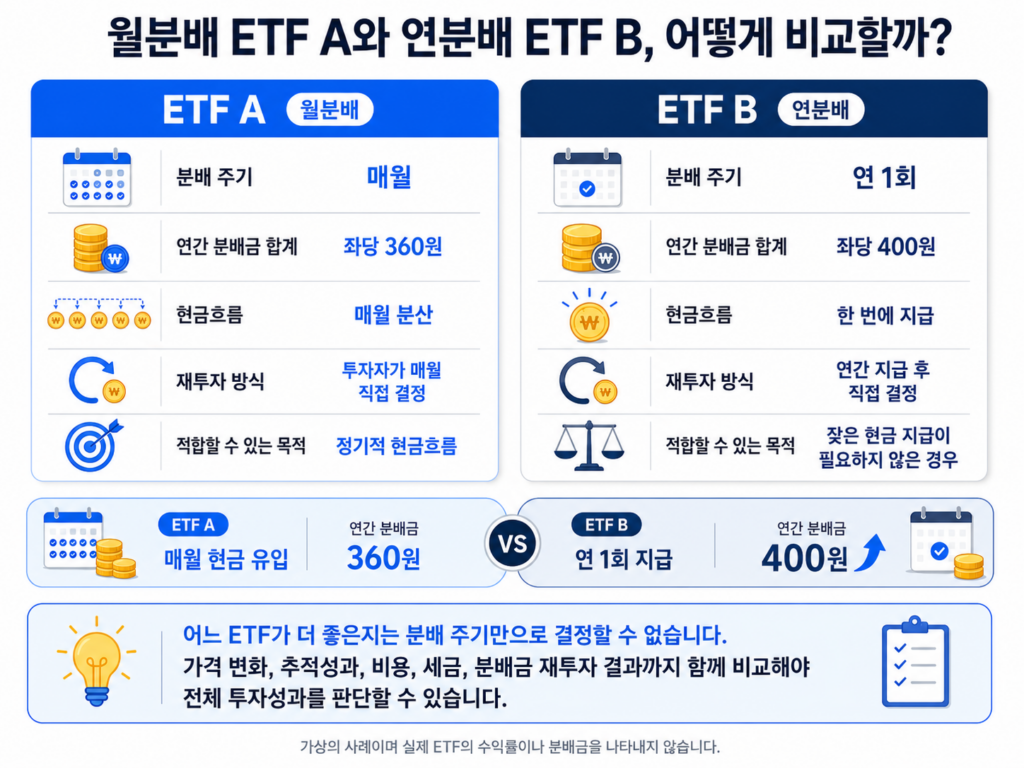 월분배 ETF A와 연분배 ETF B의 현금흐름과 재투자 방식 비교